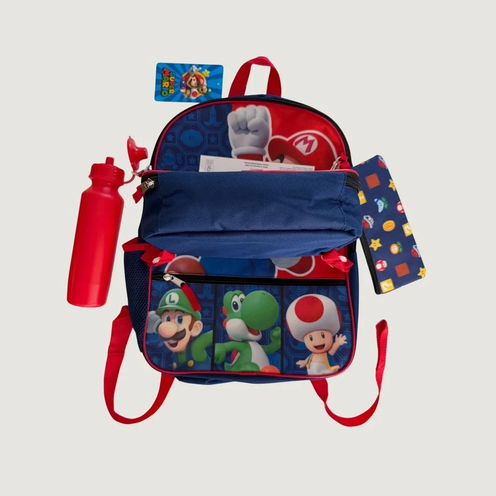 Bioworld Super Mario Kids 6 Piece Backpack Set Lunch Bag Water Bottle Red Blue